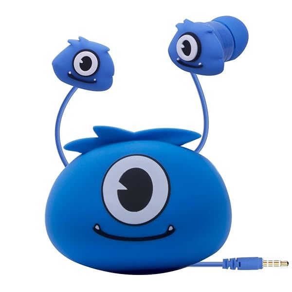 Kids Earbuds with Storage Case Wired 3.5mm Microphone Perfect for Back to School Gifts for Boys and Girls in Blue Monster Design