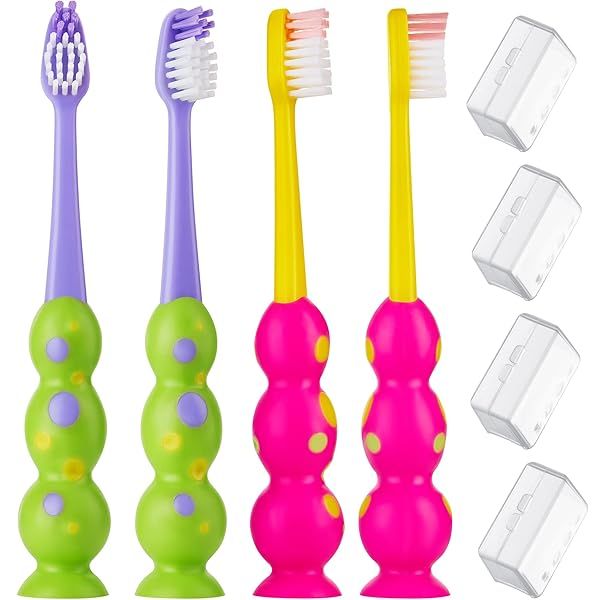 Kids Toothbrush 4 Pack Soft Bristles Child Sized Brush Heads Suction Cup Storage Fun for Ages 3 to 10 Green and Pink Set