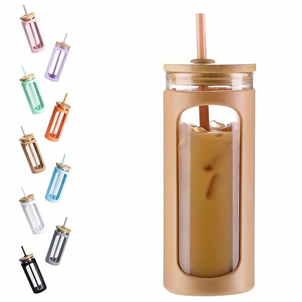Kodrine 20oz Glass Tumbler with Straw and Lid Reusable Iced Coffee Cups Bamboo Lids Water Bottle 2pack BPA Free White and Black