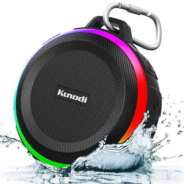 Kunodi Bluetooth Shower Speaker with IPX7 Waterproof, Dynamic Lights, Crisp Clear Sound, True Wireless Stereo, Clip Portable for Pool Beach Boat