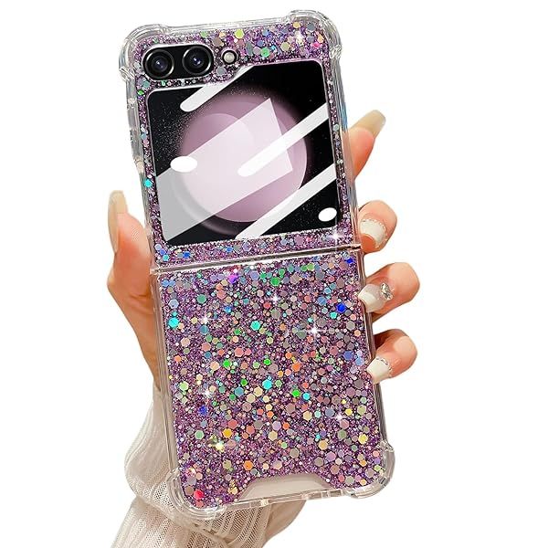 LCHULLE Bling Glitter Case for Samsung Galaxy Z Flip 6 Cute Shiny Sequin Stars Soft Silicone Shockproof Cover for Girls Women Purple