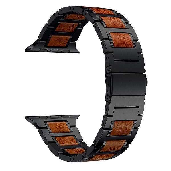 LDFAS Apple Watch Series 10 46mm Band Natural Wood Red Sandalwood Stainless Steel Strap Compatible with Ultra 2 Series 9 8 45mm Black
