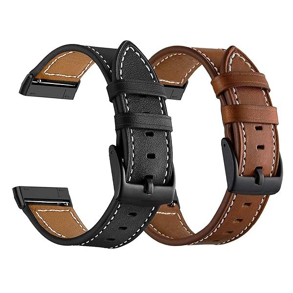 LDFAS Leather Band Compatible for Fitbit Sense 2 Versa 4 Bands, (2 Pack) Women Men Accessory Watch Strap with Black Metal Buckle Compatible for