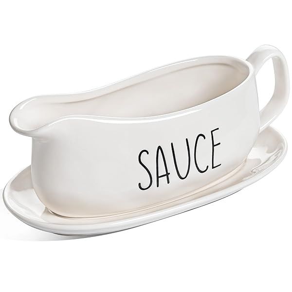 LE TAUCI 16oz Gravy Boat with Saucer Stand Ceramic Sauce Boat for Dressings Creamer Broth Black Pepper Oyster White Set of 1