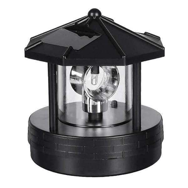 LED Solar Powered Lighthouse,360 Degree Rotating Lamp Waterproof Statue Rotating Lights for Garden Yard Outdoor Décor, Black