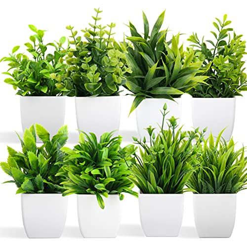 LELEE 8-Pc Mini Eucalyptus Fake Potted Plants for Home & Office Decor - Stylish Indoor Table & Shelf Decoration