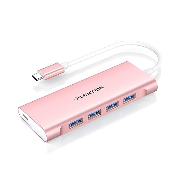 LENTION USB C Hub 4 USB 3.0 Type C Charging Adapter for MacBook Pro Air Surface Chromebook Stable Driver Certified Rose Gold