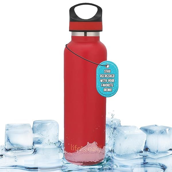 LIFES EASY Insulated Sports Water Bottle 20 oz Red Stainless Steel Vacuum Flask for Hot and Cold Drinks Travel Canteen for Men and Women