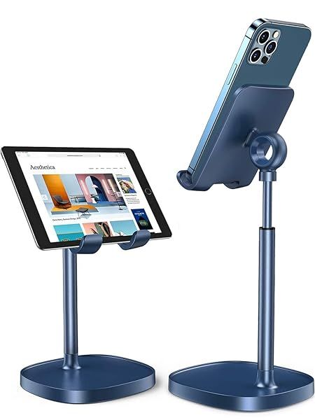 LISEN Adjustable Cell Phone Stand for Desk Sturdy Aluminum Holder Blue Angle Height Compatible with All Smartphones
