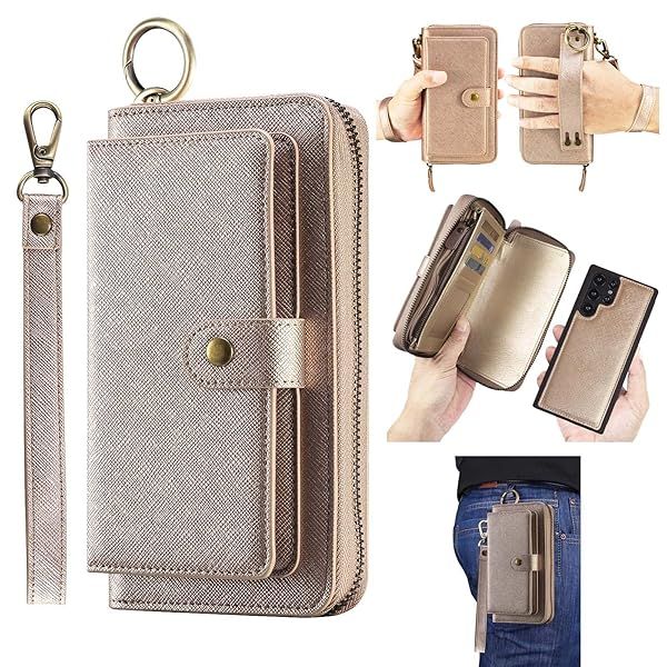 LITOU Samsung Galaxy S24 Wallet Case for Men and Women Magnetic Detachable Clutch Leather Flip Case with Card Holder and Zipper