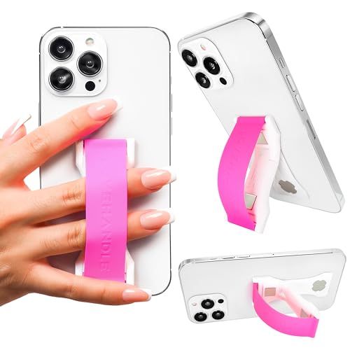 LoveHandle PRO Premium Phone Grip - Silicone Phone Strap - Magnetic Phone Mount and Kickstand for Smartphone and Tablet - Hot Pink Silicone on White