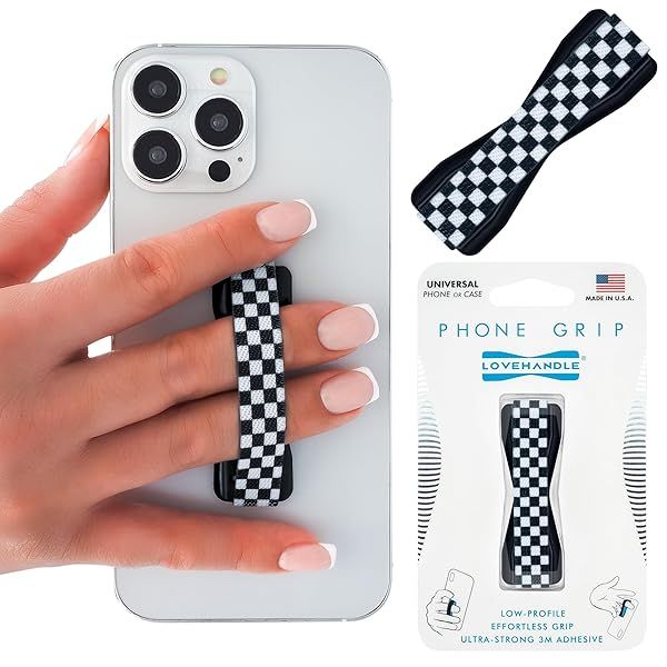 LOVEHANDLE Universal Phone Grip for Smartphones and Mini Tablets Wireless Charging Compatible Made in The USA Black and White Checkered