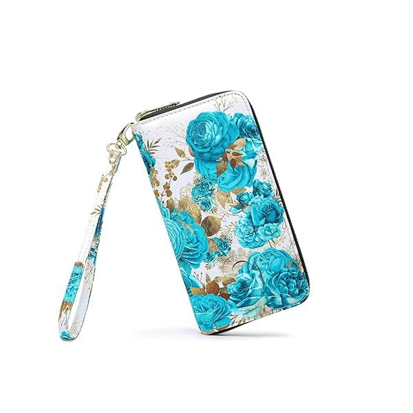 LOVESHE Women's RFID Blocking Bohemian Wallet Large Travel Purse Zip Around Clutch Cambridge Blue Flower Design
