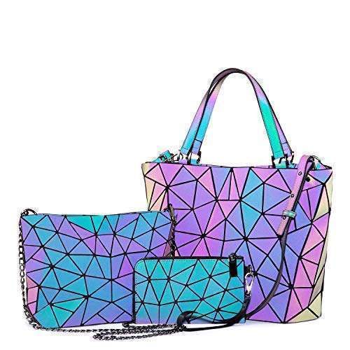 Shop Geometric Luminous Purses & Holographic Handbags for Women - 3PCS Reflective Crossbody Bag Set