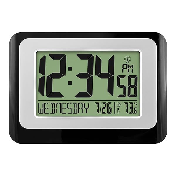 La Crosse Technology W88631 Digital Atomic Black Wall Clock with Temperature for Accurate Time and Indoor Climate Monitoring