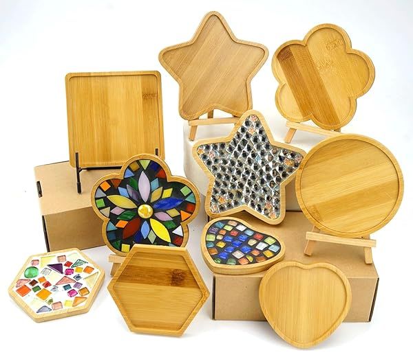 Lanyani 6pcs Wooden Mosaic Base Set for DIY Crafts Various Shapes Coaster Tiles