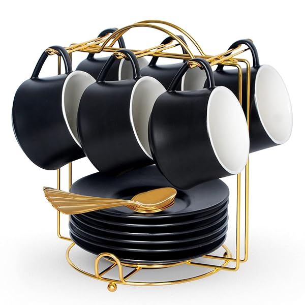 Lareina Porcelain Cappuccino Cups Set of 6 with Saucers Spoons and Stand 7 Ounce Ceramic Coffee Cups for Americano Latte and Tea Black