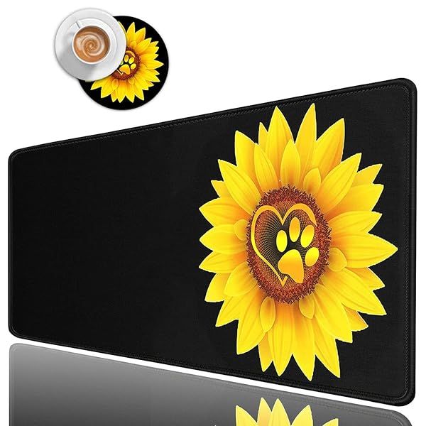Large Gaming Mouse Pad XL Ergonomic Desk Pad with Stitched Edges 31.5 X 11.8 and Cup Coaster Sunflower Dog Paw Print