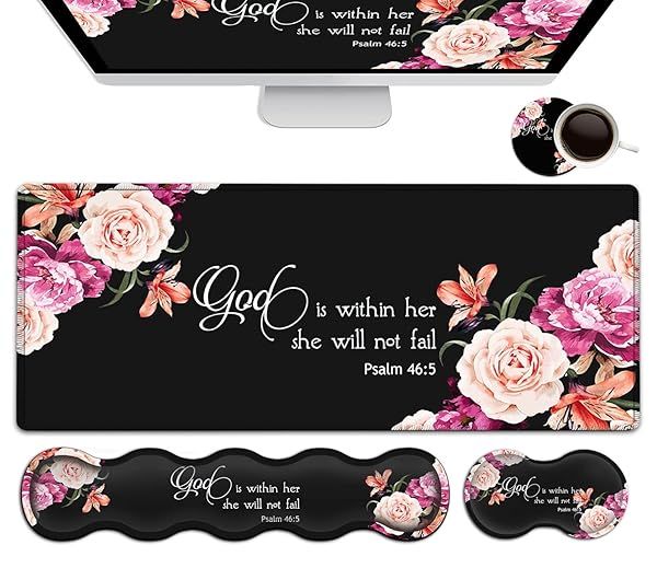 Large Mouse Pad with Wrist Support Set,Memory Foam Keyboard Wrist Rest +XXL Extended Gaming Mouse Pad +Ergonomic Mouse Wrist Pad, Peony Flower Psalm