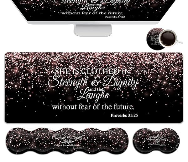 Large Mouse Pad,Ergonomic Mouse Wrist Support+Keyboard Wrist Rest Set+Extended Gaming Mouse Pad Proverbs 31:25 Bible Rose Gold Office Desk Mat