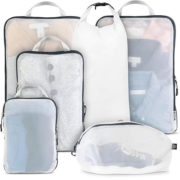 TRIPPED Travel Gear: Large Compression Packing Cube Set with See-Through Mesh for Organized Travel (White)