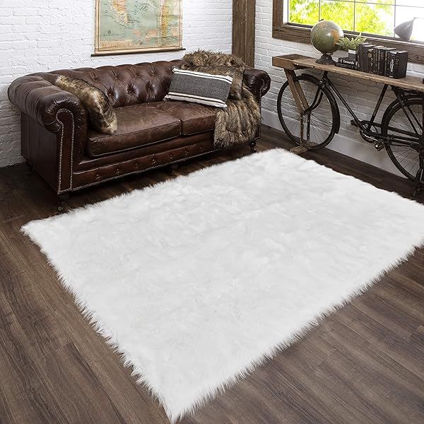 Latepis White Fur Rug 5x6.7 Faux Sheepskin Fluffy Washable Rug for Bedroom Living Room Playroom Luxury Room Decor Rectangle