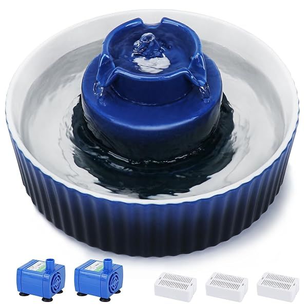 Lawfery Ceramic Cat Water Fountain 2.1L with 3 Carbon Filters and 2 Water Pumps Dark Blue Pet Fountain for Cats and Dogs