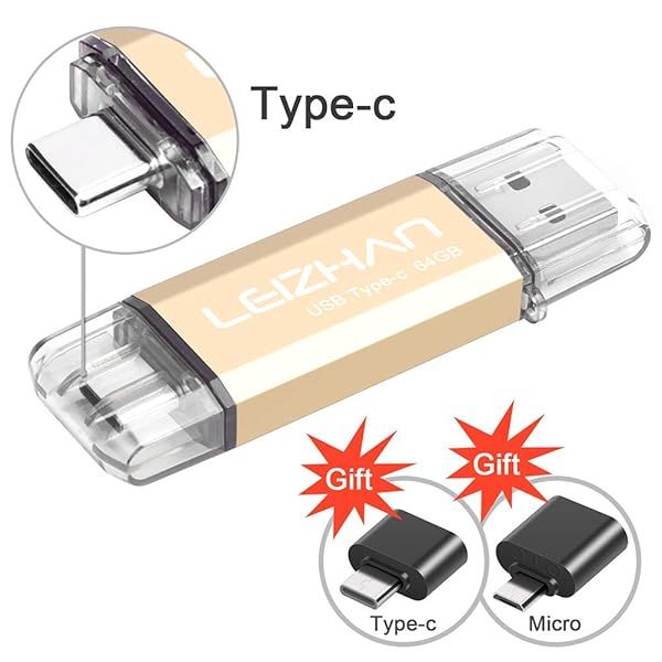 Leizhan 64GB USB Flash Drive 2 in 1 Type-C USB Memory Stick with Adapters for Most Devices Gold