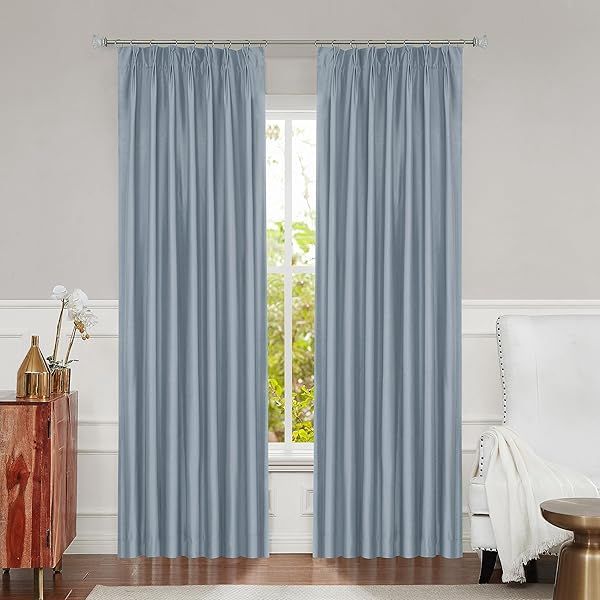 Light Blue Pinch Pleat Blackout Curtain 108 Inches Long Thermal Insulated Luxury Silk Panel for Bedroom Living Room with Backtab Drapes