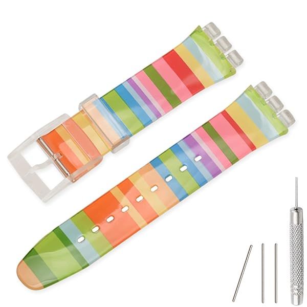 Lijinlan Replacement Silicone Band for Swatch 17mm 19mm 20mm, Waterproof Wristband Watch Strap for Swatch (19mm, Rainbow)