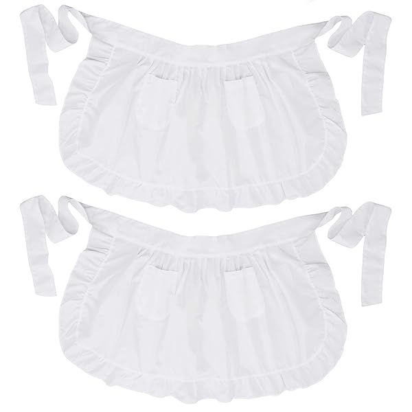 Buy LilMents Twin Pack Retro Kitchen Ruffles Waist Apron with Pockets - Stylish White Aprons for Home Cooking