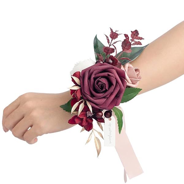 Ling's Moment 2pcs Burgundy Prom Wrist Corsage Artificial Flowers for Homecoming Wedding Anniversary Decor