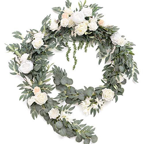 Ling's Moment 9FT Spring Flower Garland for Wedding Arch and Reception Decor with Eucalyptus and Rose Artificial Flowers in White and Sage