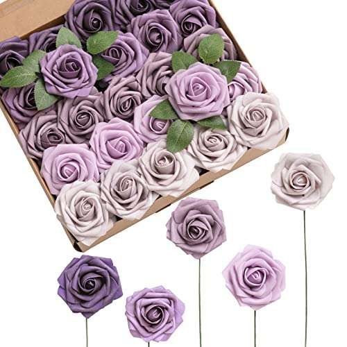 25Pcs Purple Roses - Realistic Artificial Flowers for Weddings, DIY Decor, Centerpieces & Garden | Ling's Moment