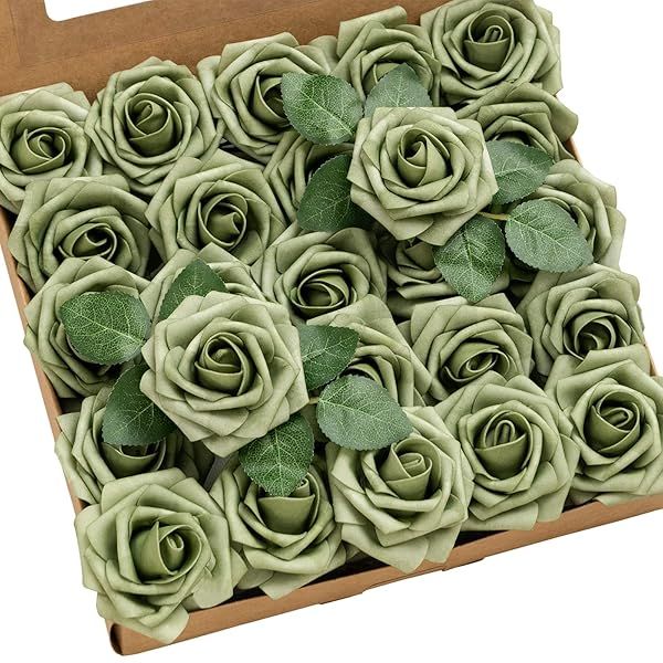 Ling's moment Artificial Flowers 25Pcs Elf Green Roses Decor w Stems,3