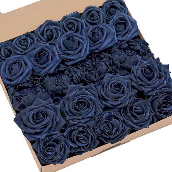 Ling's Moment Navy Blue Artificial Flowers Faux Foam Peony and Roses Combo for DIY Wedding Bouquets and Home Decorations 24pcs