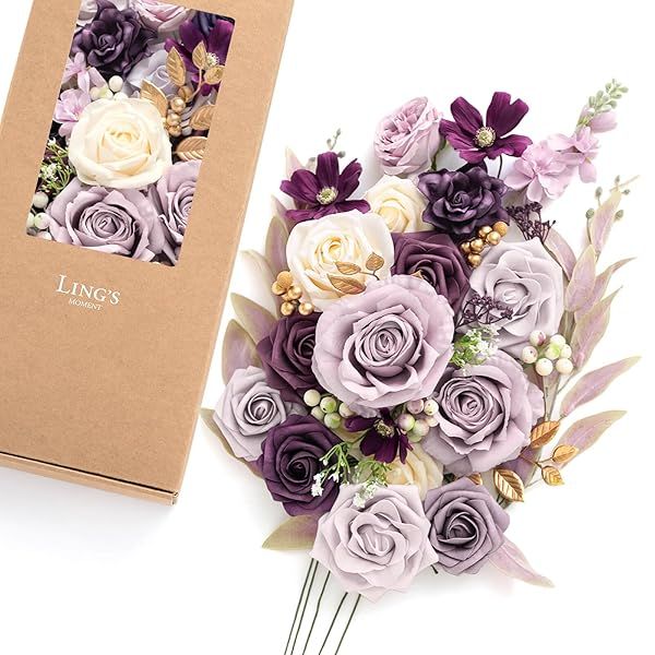 Ling's moment Artificial Flowers and Greenery for DIY Lilac and Cream Deluxe Box Wedding Bouquet Centerpieces Floral Arrangement Decor