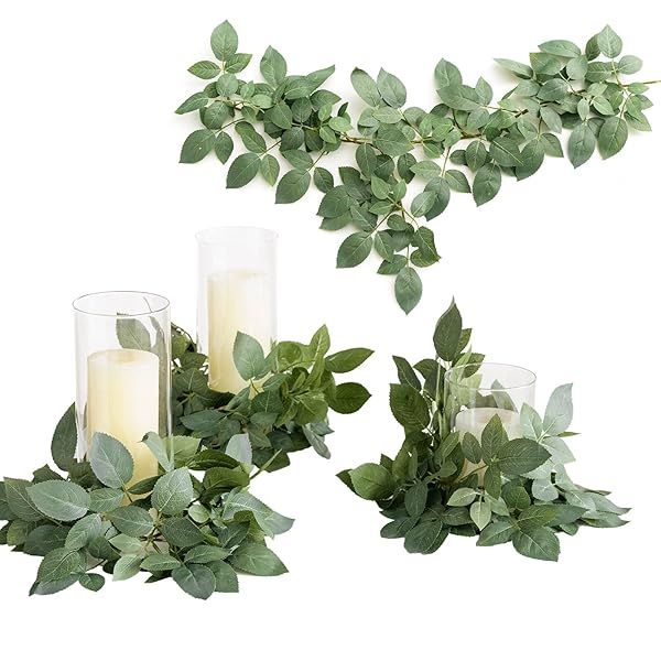 Ling's Moment Artificial Rose Leaf Greenery Garland - 6 Pack, Candle Vines, Faux Splicable 2.3ft Stems for Table Centerpieces, Lantern Rings, Hanging