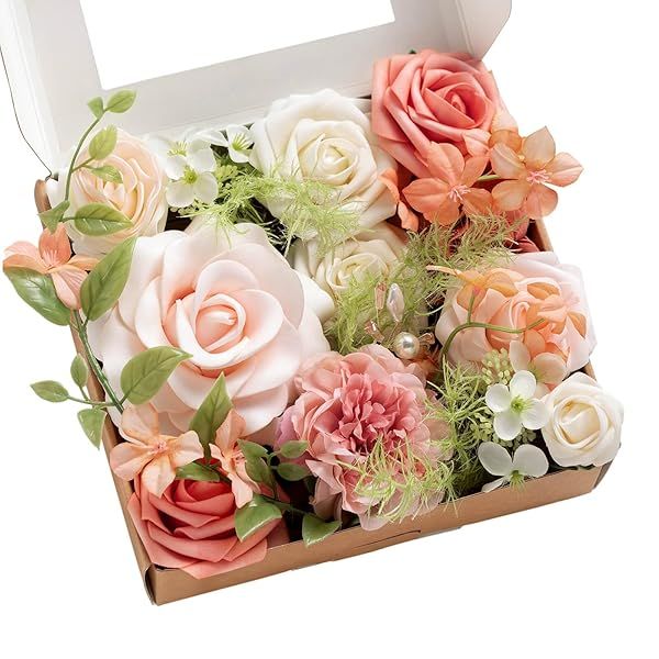 Ling's moment Fake Flowers Box, Faux Artificial Greenery Stems Foam Roses Silk Peony Ranunculus Fabic Flower for Centerpieces Bouquet Wedding Vase