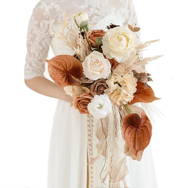 Ling's moment Boho Bridal Bouquet Cascading, Rustic Wedding Bouquets for Bride, 15 Inch Silk Fall Artificial Wedding Flower Bouquet