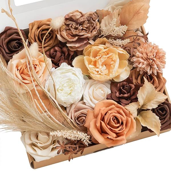 Ling's moment Fake Flowers Box, Faux Artificial Greenery Stems Foam Roses Gardenia Silk Peony Pampas Fabic Flower for Centerpieces Bouquet Wedding