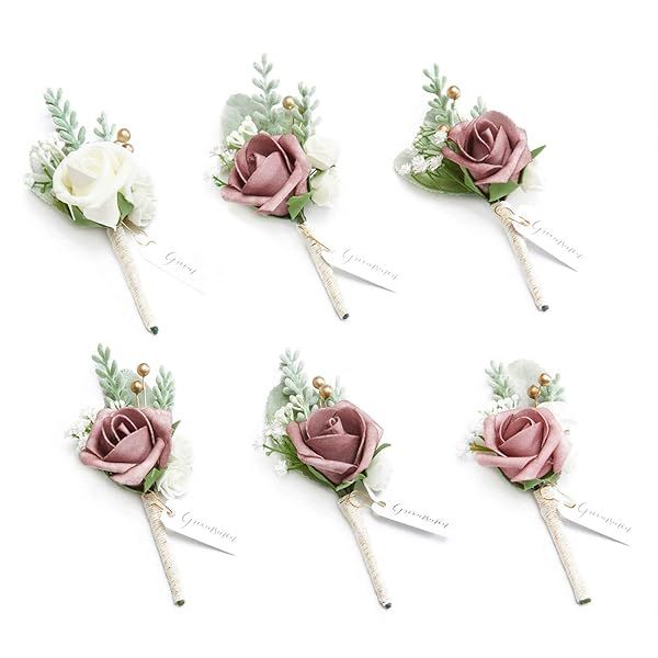 Ling's Moment Pink Dusty Rose Boutonniere Set for Men 6pcs Artificial Flowers for Wedding Decor Prom Homecoming