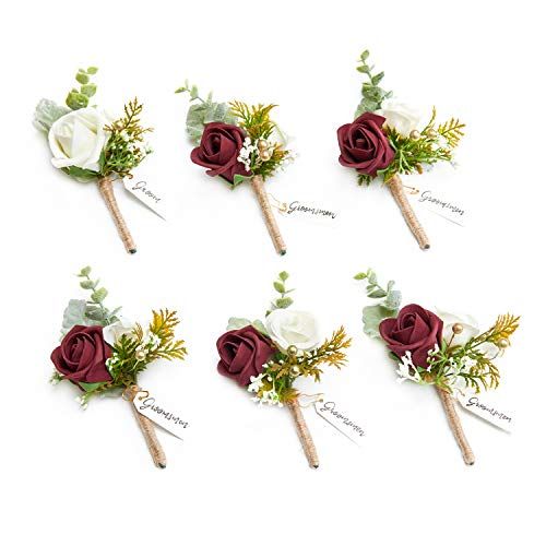 Ling's Moment 6pcs Men's Boutonniere Burgundy White Artificial Flowers for Wedding Decor Prom Homecoming