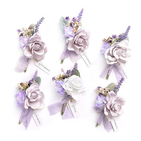 Ling's Moment Purple Lilac Lavender Boutonniere Set for Men 6pcs Artificial Flowers for Wedding Decor Prom Homecoming