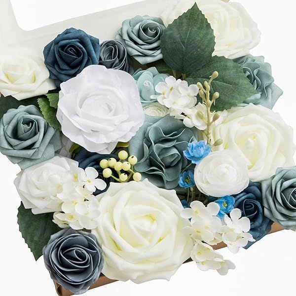 Ling's Moment Faux Flowers Box Dusty Blue Ivory Silk Roses Foam Greenery for Wedding Decor Centerpieces Floral Arrangements