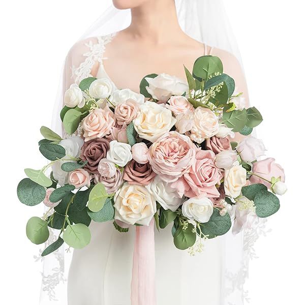 Ling's Moment Pink Wedding Bouquets Dusty Rose Bridal Flowers 15 Inch Free Form Artificial Bouquets for Bride