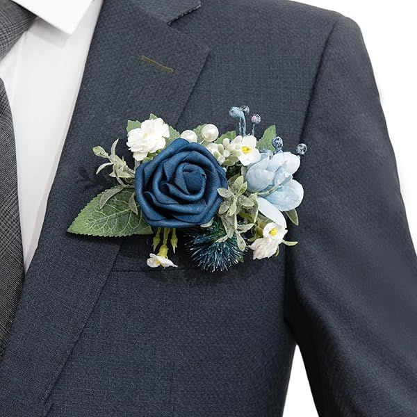 Ling's moment Pocket Boutonniere Single, Boutonniere for Men Groom for Wedding, Prom, Homecoming, Anniversary, Graduation, etc.Dusty Blue Navy, 6