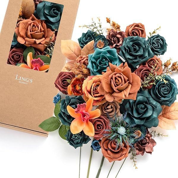 Ling's moment Fake Flowers Box, Faux Artificial Greenery Stems Foam Roses Gardenia Silk Poppy Fabic Flower for Centerpieces Bouquet Wedding Vase
