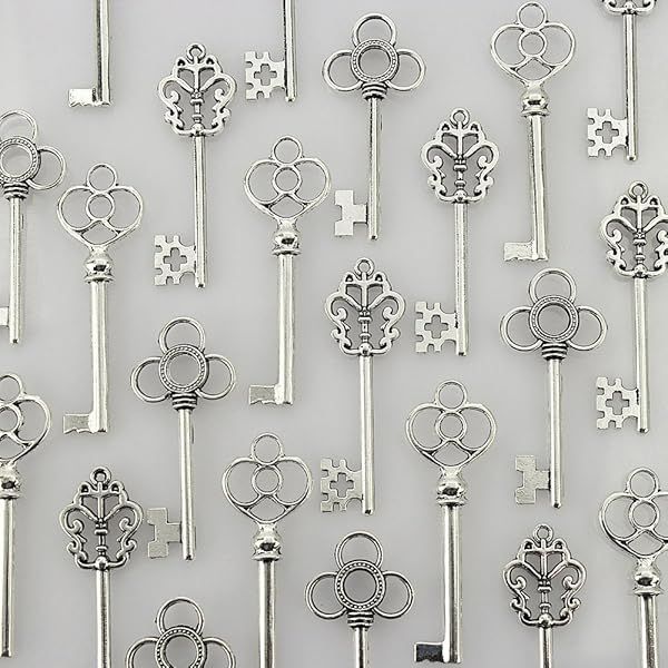 Shop LolliBeads Antiqued Silver Skeleton Key Sets - 30 Pcs Tibetan Filigree Steampunk Keys
