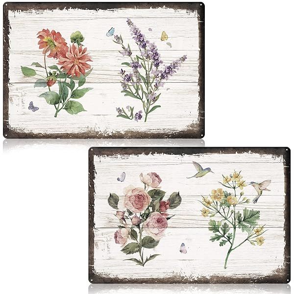 Loopeer Vintage Flower Metal Tin Signs Set Rustic Botanical Wall Decor for Home Bathroom Bedroom Chic Farmhouse Christmas Decor
